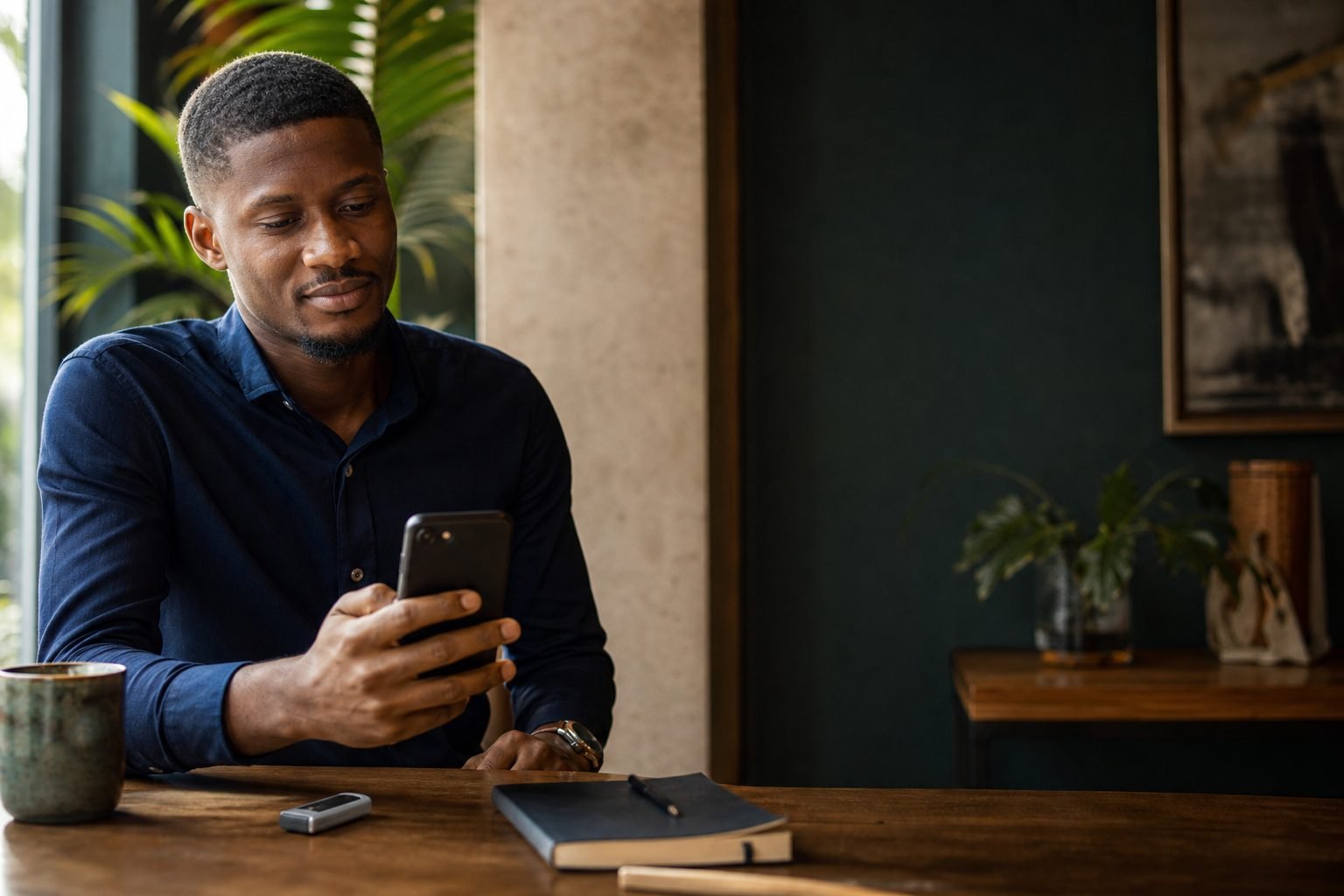 Illustration d’une personne consultant son téléphone, avec un portefeuille matériel à proximité